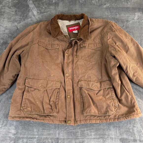 Wrangler Men's 3XL Sherpa Lined Canvas Jacket Barn Coat Brown Chore Utility - Picture 1 of 10